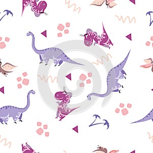 Seamless dinosaur pattern. Animal white background with colorful dino. Vector illustration.